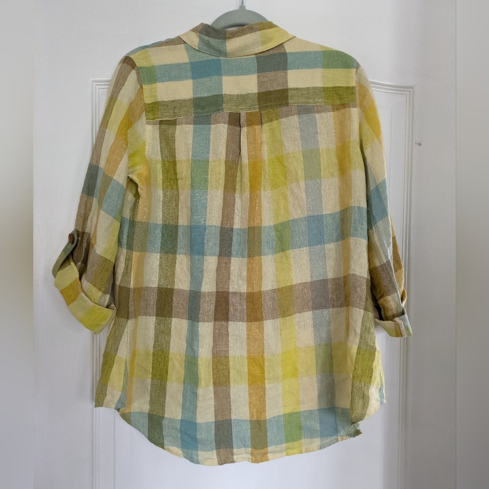 Soft‎ Surroundings Avalon Plaid 100% Linen Button Up Shirt Small Yellow Green - Picture 3 of 8